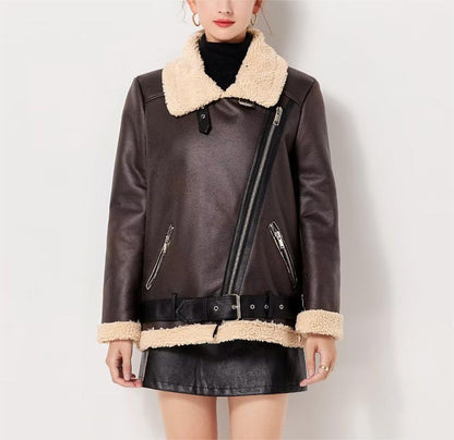 Women Clothing Large Collared Loose Locomotive Coat Lamb Fur plus Velvet Faux Shearling Jacket Jacket  Women