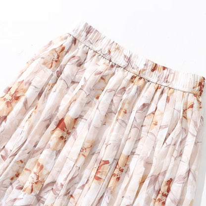 Summer Chiffon Printed Dress Women Elastic High Waist Slimming Pleated Skirt A Line Midi Skirt