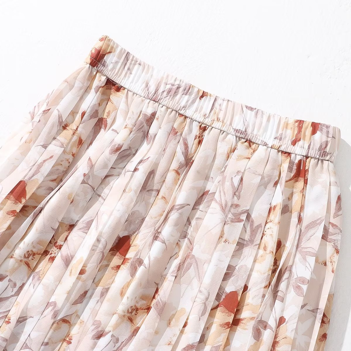 Summer Chiffon Printed Dress Women Elastic High Waist Slimming Pleated Skirt A Line Midi Skirt