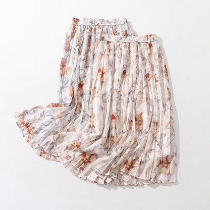 Summer Chiffon Printed Dress Women Elastic High Waist Slimming Pleated Skirt A Line Midi Skirt