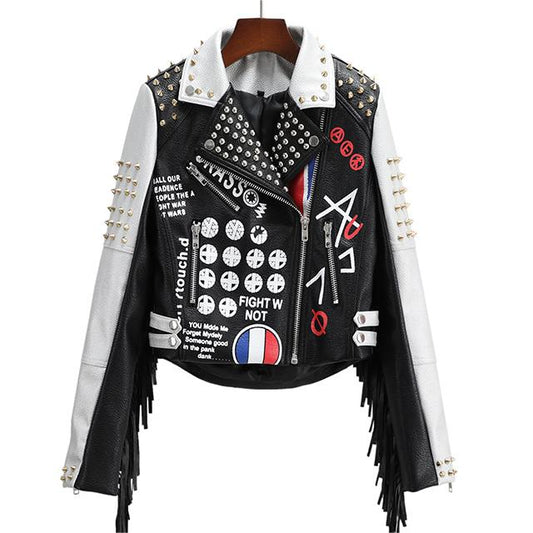 Motorcycle Clothing Cropped Leather Coat Women Tassel Rivets Brand Women Leather Top Women