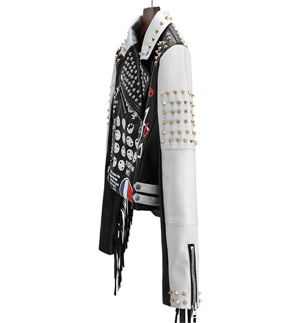 Motorcycle Clothing Cropped Leather Coat Women Tassel Rivets Brand Women Leather Top Women