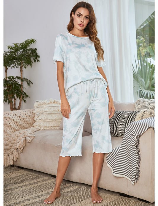 Spring Summer Ladies Home Wear Short Sleeved Top Cropped Pants Two Piece Tie Dyed Gradient Printing Pajamas Women