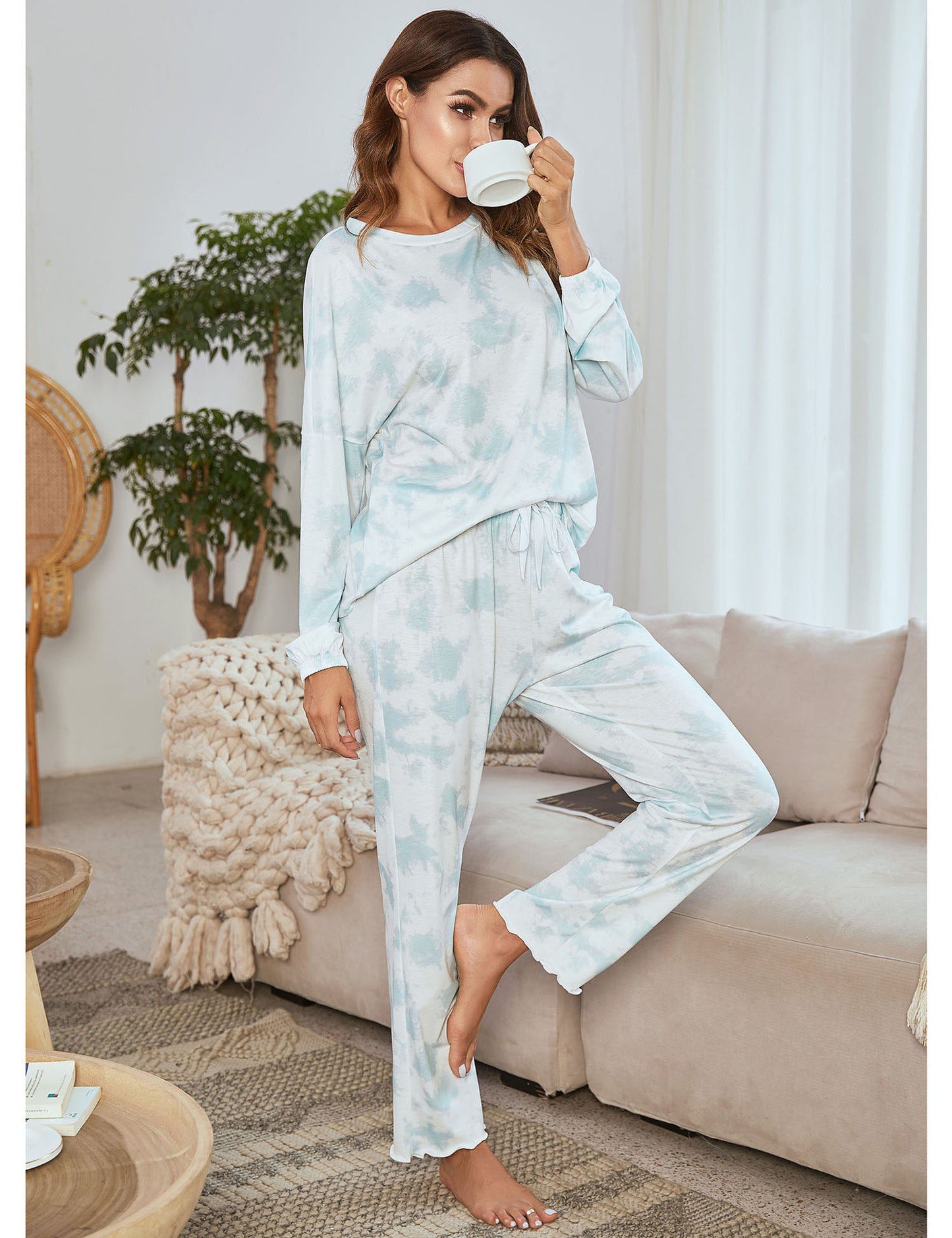 Autumn Winter Ladies Home Casual Suit Tie Dyed Printed Long Sleeved Trousers Two Piece Pajamas Suit Women