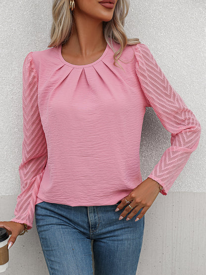 Autumn Women Clothing Round Neck Pleated Chiffon Sheer Long Sleeve Shirt