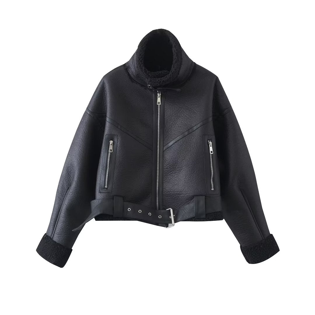 Autumn Winter Faux Jacket Jacket Sweet Cool Sexy Women Clothing Street Collared Short Motorcycle Jacket