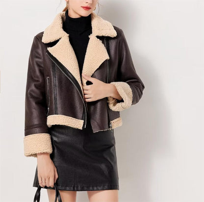 Autumn Winter Women Clothing Brown Short Faux Jacket Faux Leather Coat