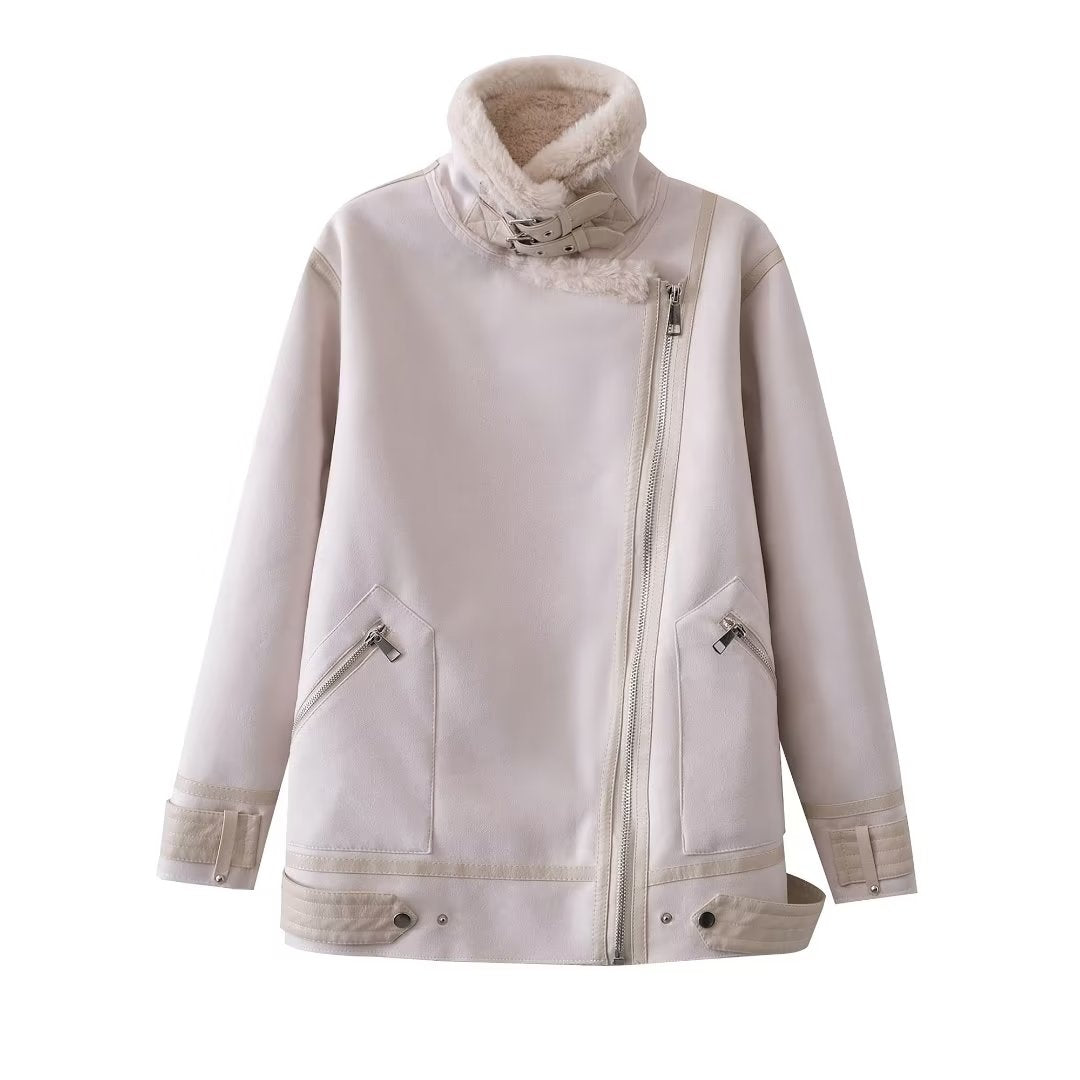 Women Clothing Second Rabbit Fur Zipper Pocket Decoration All Matching Long Sleeved Jacket Coat