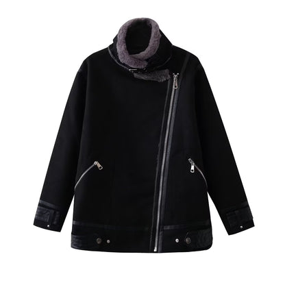 Women Clothing Second Rabbit Fur Zipper Pocket Decoration All Matching Long Sleeved Jacket Coat