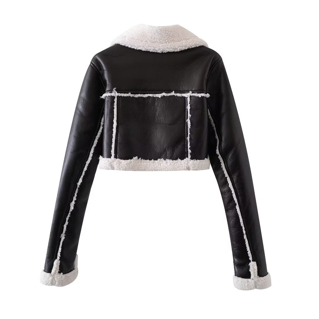 Women Clothing French Short Black Leather White Fur One Piece All Matching Long Sleeved Jacket Coat