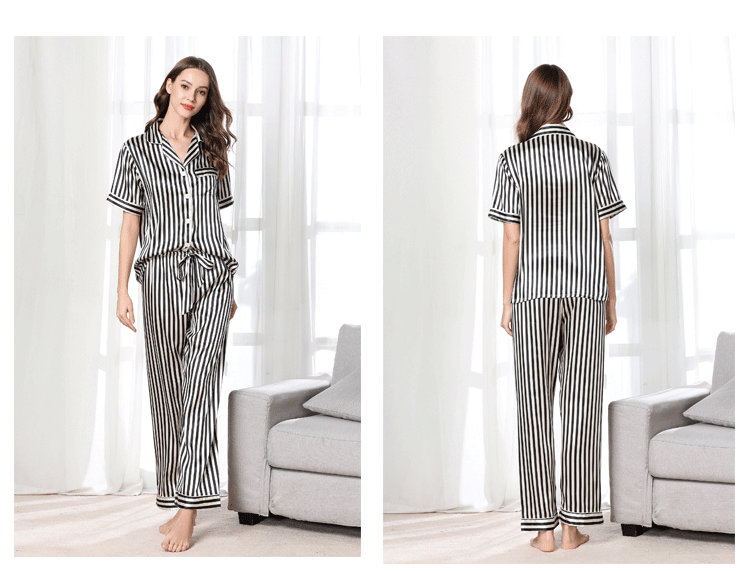 Pajamas Women Summer Short Sleeve Imitated Silk Pajamas Lace-up Trousers Cardigan Loose Home Wear