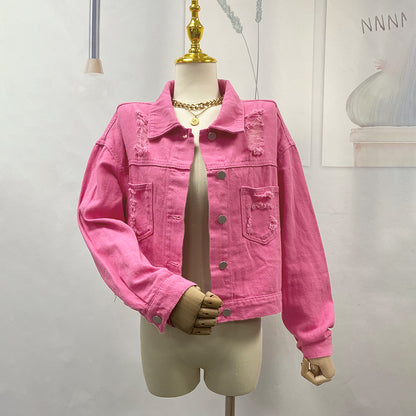 Retro Holes Denim Jacket Spring Autumn Rhinestone Tassel Jacket Short Women Clothing