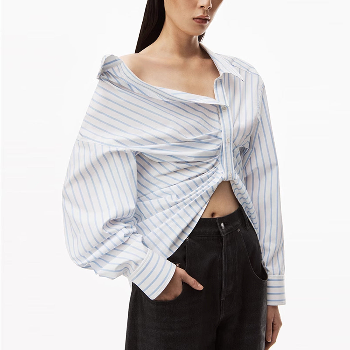 Special Interest Design Spring Summer King White Striped Asymmetric Buckle Pleated Long Sleeve Loose Shirt Women