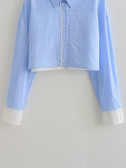 Women Clothing French Striped Poplin Short Shirt Contrast Color Shorts