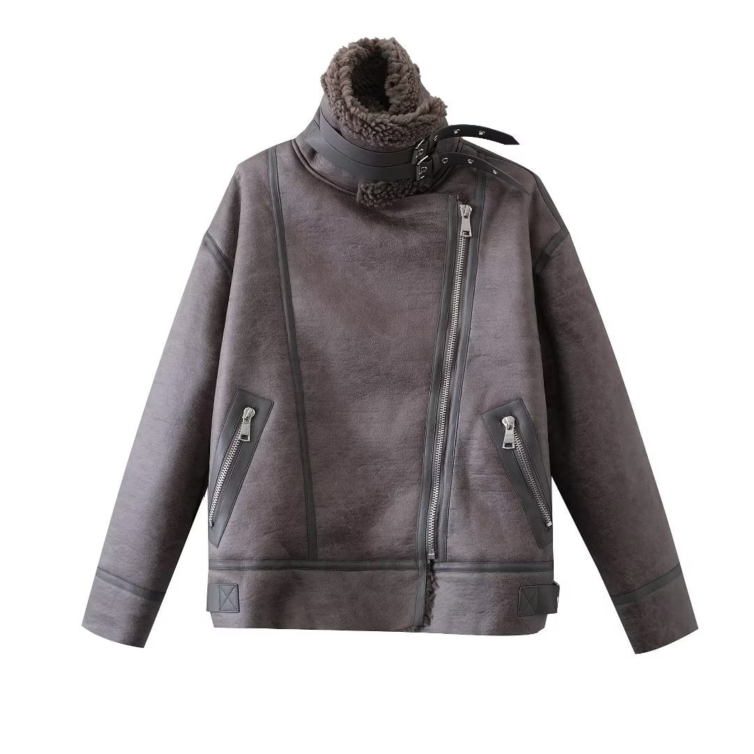 Women Clothing Stand Collar Heavy Industry Faux Jacket All Matching Long Sleeved Jacket Coat