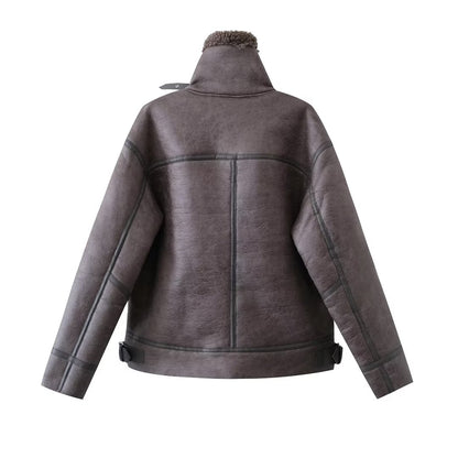 Women Clothing Stand Collar Heavy Industry Faux Jacket All Matching Long Sleeved Jacket Coat
