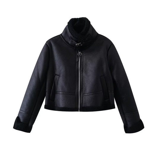 Autumn Winter Women Clothing Black All Match Stand up Collar Thermal Leather Pull Short Coat