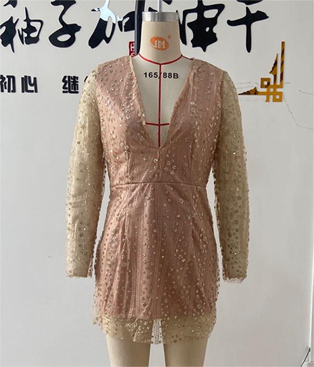 Women Clothing Dress Deep V Plunge See through Long Sleeve Short Dress Gold Dress