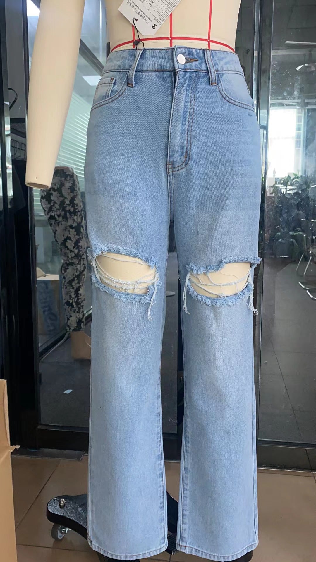 Jeans Women Ripped Washed High Waist Wide Leg Trousers Loose Jeans Pocket