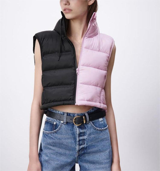 Autumn Winter Women Clothing Two Color Contrast Color Cotton Padded Jacket Vest Stand Collar Short Vest Top