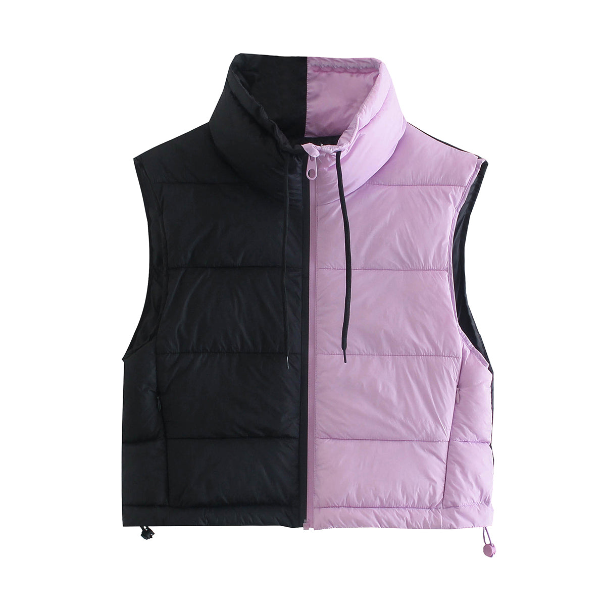 Autumn Winter Women Clothing Two Color Contrast Color Cotton Padded Jacket Vest Stand Collar Short Vest Top