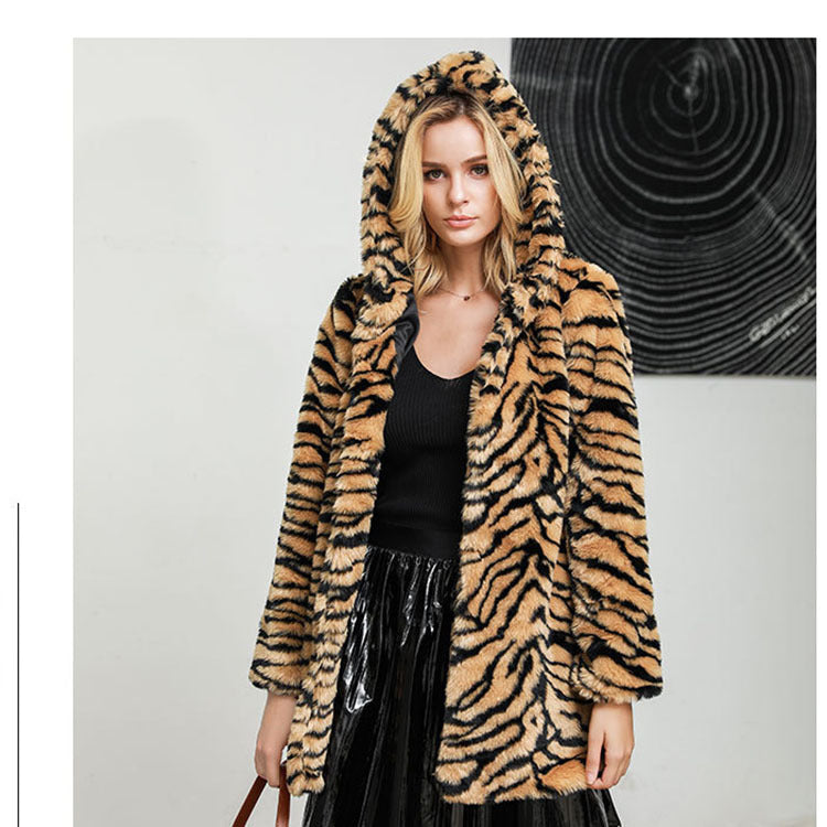 Winter Super Thick Hooded Big Tiger Pattern Coat Furry Mid-Length Women Faux Fur Coat