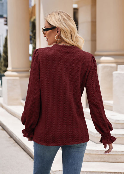 Autumn Winter Women Solid Color Knitted Jacquard Long Sleeved T shirt Twist V neck Top