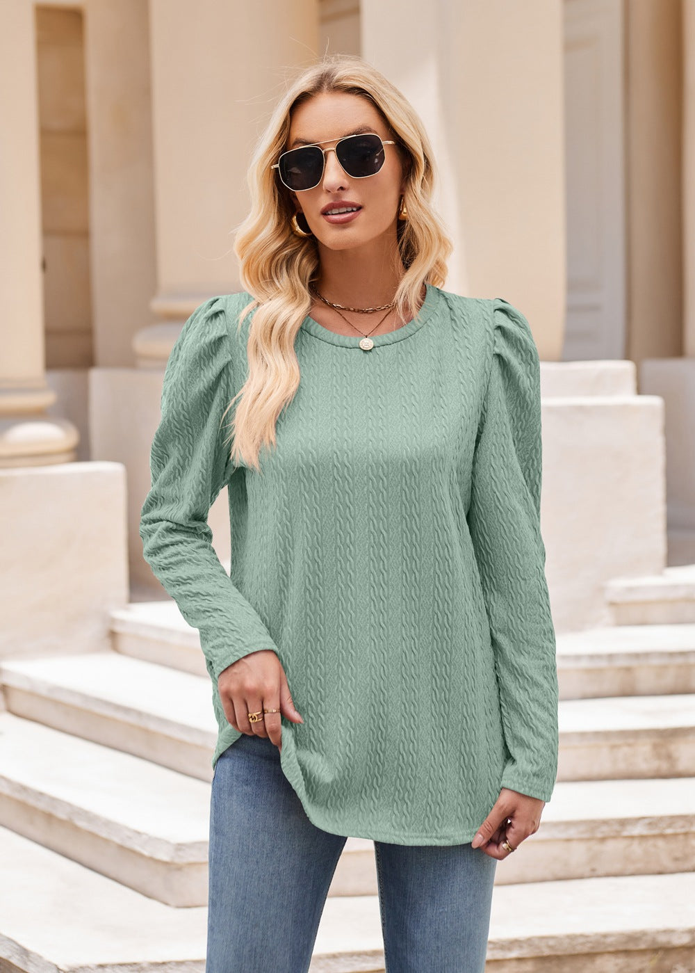 Women round Neck Puff Sleeve Knitted Jacquard Solid Color Top Long Sleeve Twist T shirt