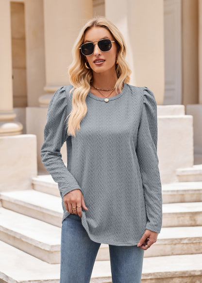 Women round Neck Puff Sleeve Knitted Jacquard Solid Color Top Long Sleeve Twist T shirt