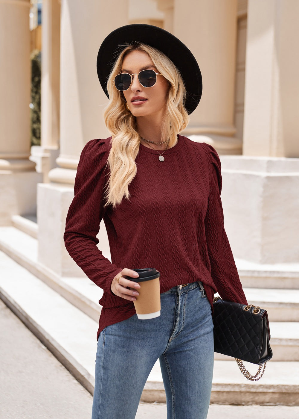 Women round Neck Puff Sleeve Knitted Jacquard Solid Color Top Long Sleeve Twist T shirt