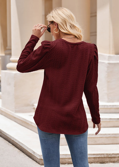 Women round Neck Puff Sleeve Knitted Jacquard Solid Color Top Long Sleeve Twist T shirt