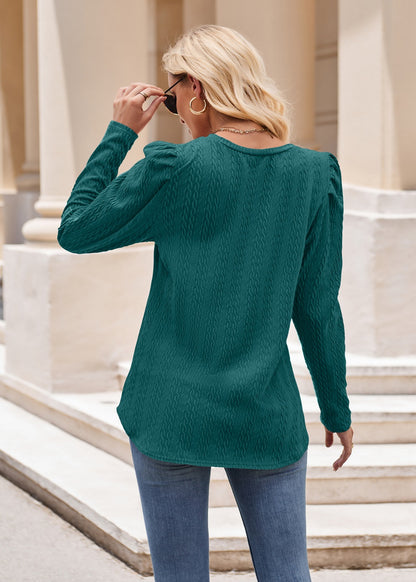 Women round Neck Puff Sleeve Knitted Jacquard Solid Color Top Long Sleeve Twist T shirt