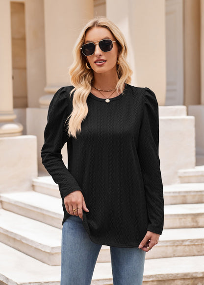 Women round Neck Puff Sleeve Knitted Jacquard Solid Color Top Long Sleeve Twist T shirt