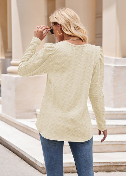 Women round Neck Puff Sleeve Knitted Jacquard Solid Color Top Long Sleeve Twist T shirt