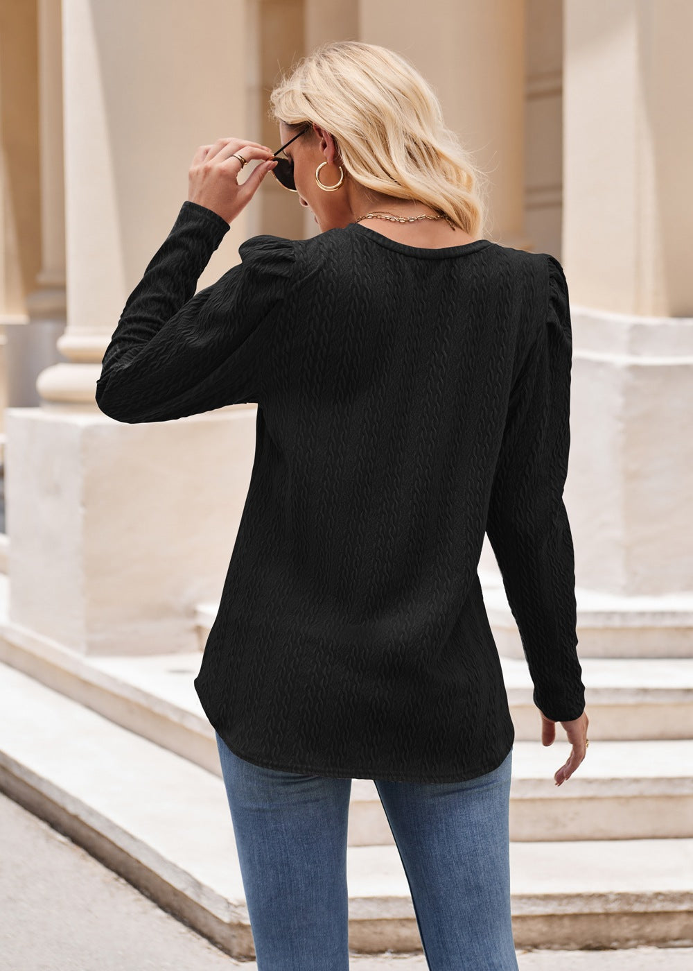 Women round Neck Puff Sleeve Knitted Jacquard Solid Color Top Long Sleeve Twist T shirt