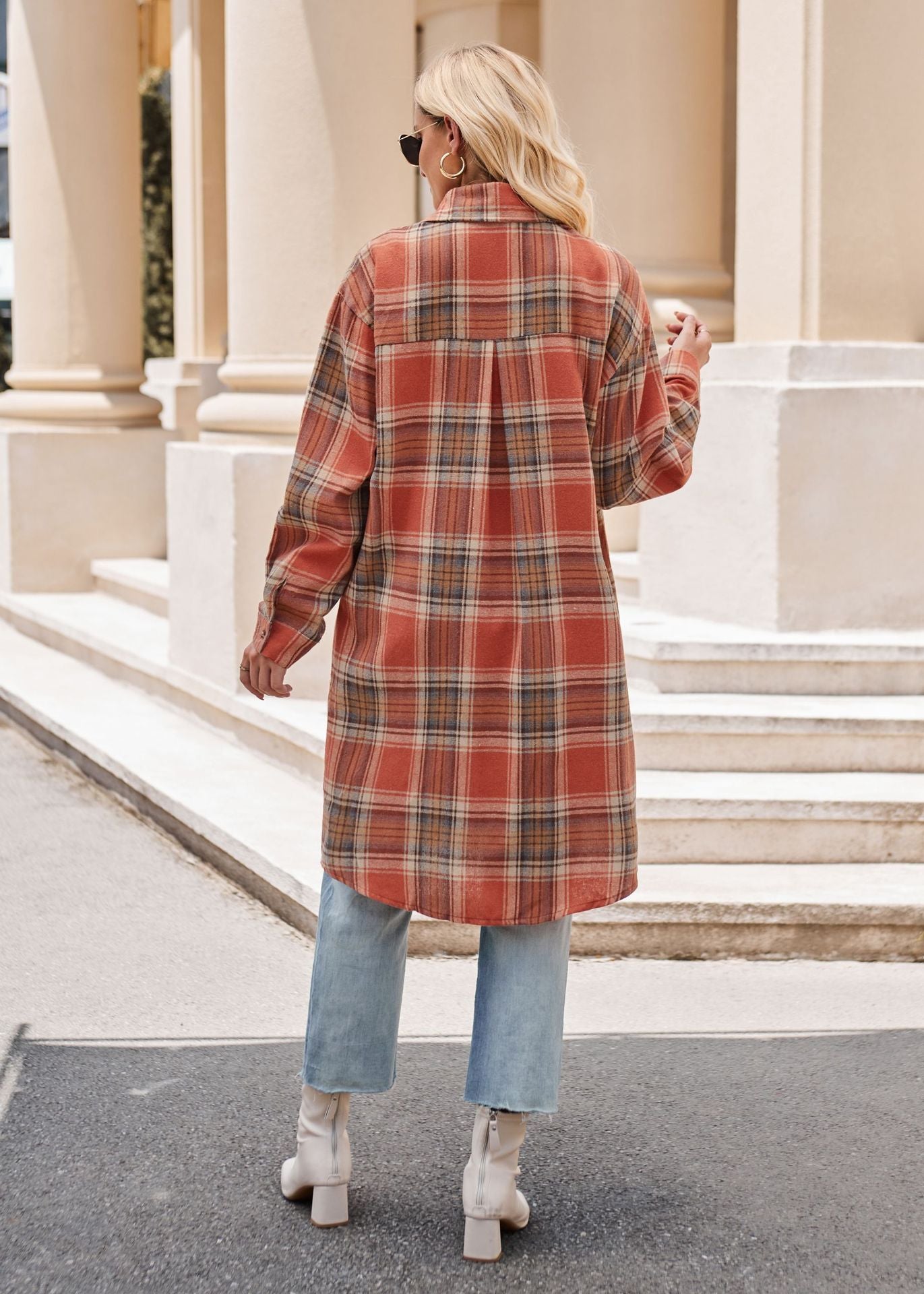 Women Autumn Winter Casual Loose Long Trench Coat Plaid Shirt