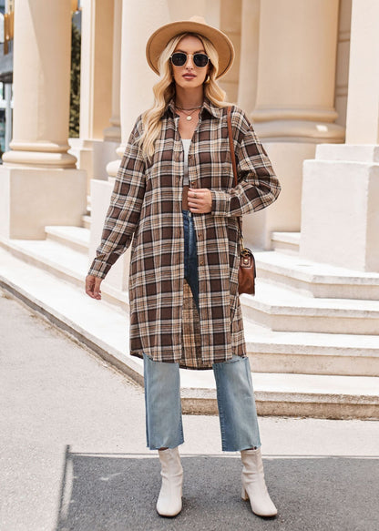 Women Autumn Winter Casual Loose Long Trench Coat Plaid Shirt