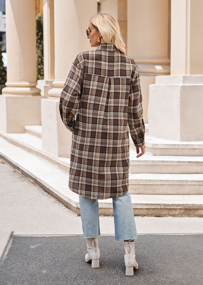 Women Autumn Winter Casual Loose Long Trench Coat Plaid Shirt