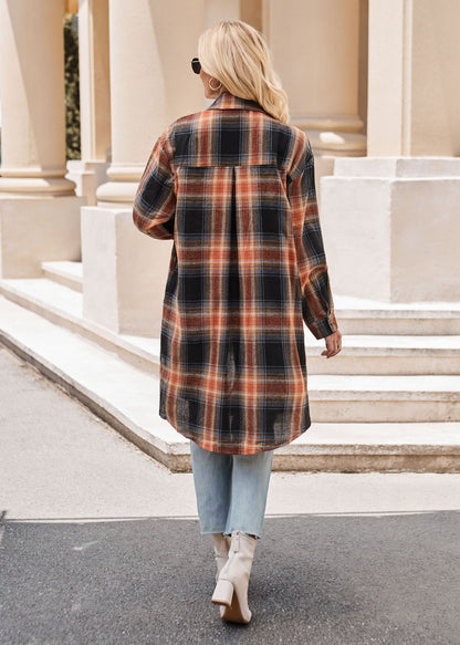 Women Autumn Winter Casual Loose Long Trench Coat Plaid Shirt