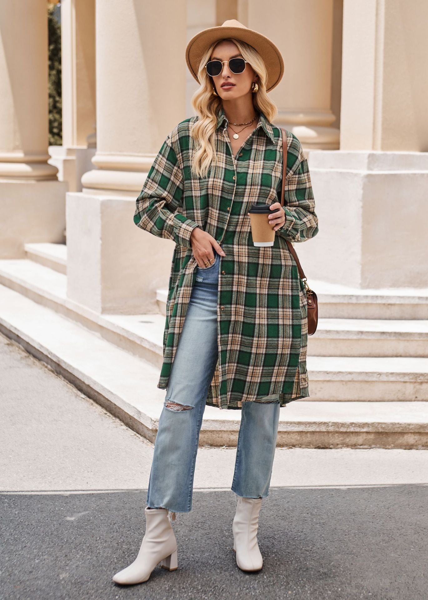 Women Autumn Winter Casual Loose Long Trench Coat Plaid Shirt