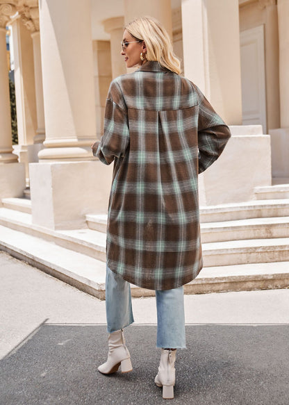 Women Autumn Winter Casual Loose Long Trench Coat Plaid Shirt