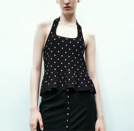 Women Clothing Polka Dot Halter Ruffled Skinny Knitted Top