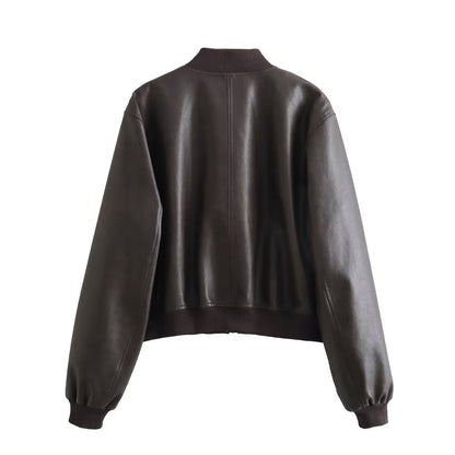 Fall Women Clothing Faux Leather Bomber Jacket Coat