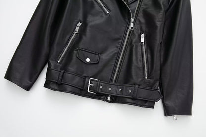 Black Faux Leather Jacket Coat Women Autumn Cool Sexy Loose Street Zipper Motorcycle Leather Coat