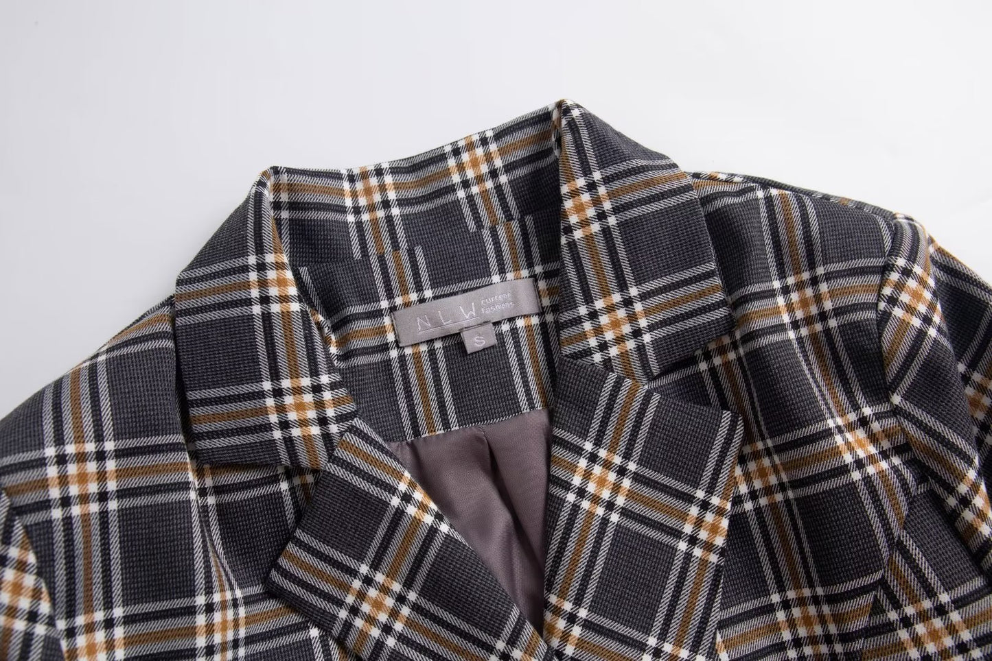 Double Breasted Retro Office Collar Mid Length Plaid Blazers