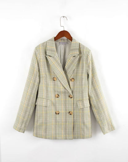 Autumn Green Worsted Fashionable Elegant Plaid Double Breasted Collar Office Coat