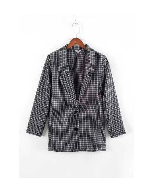 Winter Women Clothing Plaid Texture Collared Pocket Decoration Double Breasted Mid Length Blazer