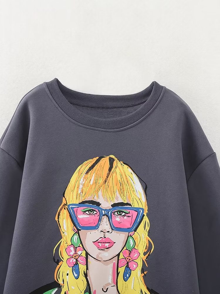 Women  Clothing Autumn Winter round Neck Girls Printed Washed Loose Pullover Long Sleeve Sweater