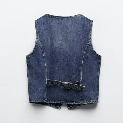 Autumn Winter Denim Vest V neck Single Breasted Short Denim Waistcoat Vest button