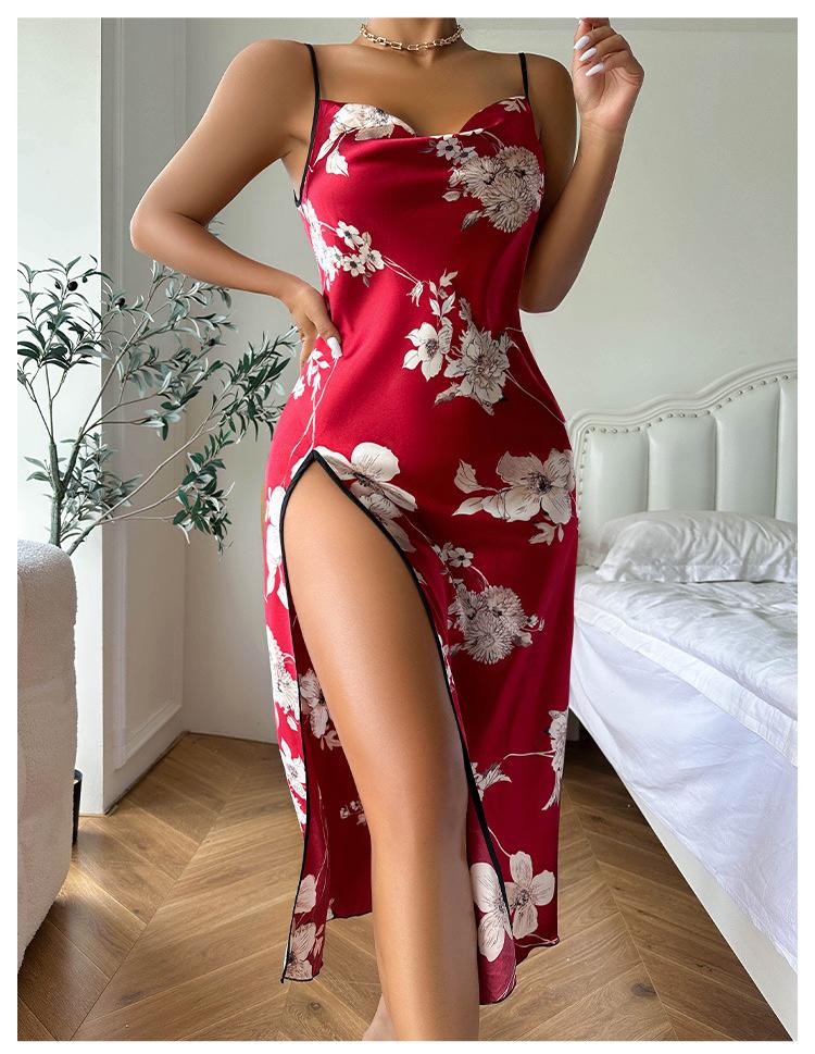 Sexy Print Suspender Summer Thin Breathable Imitated Silk Pajamas Women Backless Slit Slip Nightdress